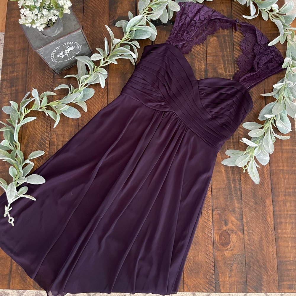 Scarlett Brand Dress chiffon with lace detail. Plum color. Size 8.
